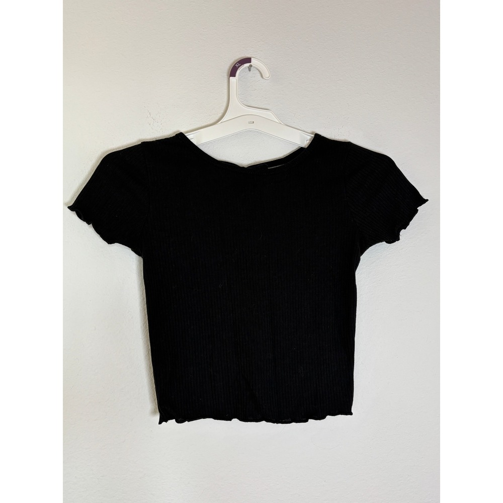 Caution to the Wind Black Ribbed Crop Top Open Tie Back Lettuce Edge Small
